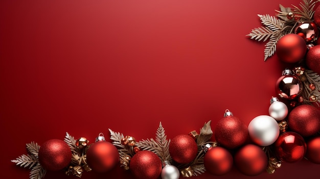 Moldura de banner de sinal de feliz Natal com espaço vazio e decoração festiva em fundo vermelho
