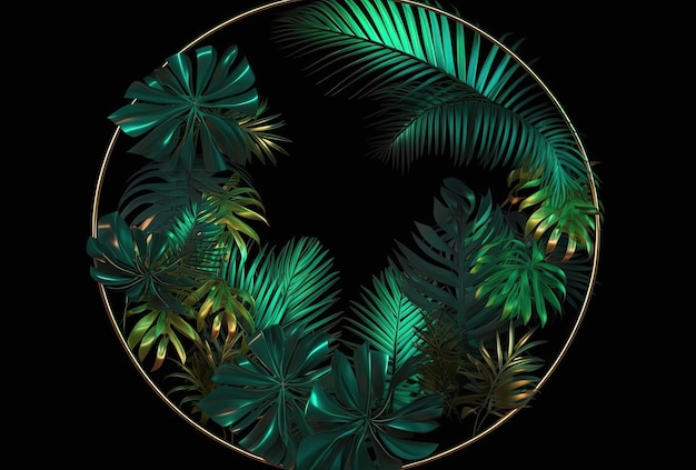 Moldura de círculo dourado cercada por exuberante folhagem tropical fundo preto Generative AI