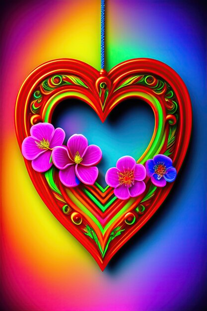 Moldura de coração de néon com enfeite de flor exótica Arte digital