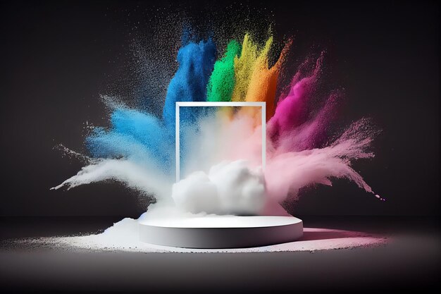 Moldura de exibição do produto com explosão colorida de tinta em pó Generative ai