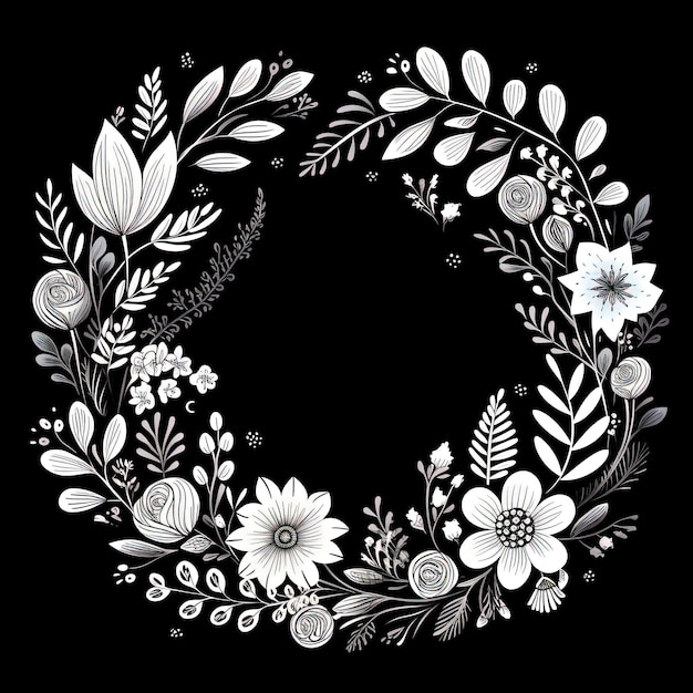 Moldura de folha de fundo de coroa de flores desenhada à mão preta e branca