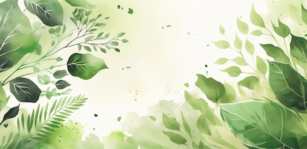 Moldura de folha verde modelo de banner de espaço de cópia de texto vazio, banner de pintura em aquarela natural verde