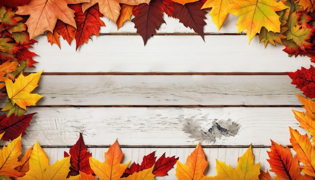 Moldura de folhas de outono sobre fundo branco de madeira rústica