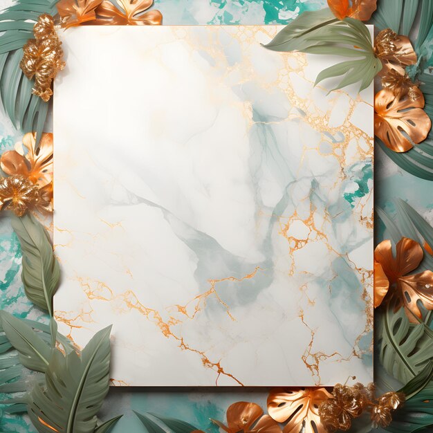 Moldura de folhas tropicais com fundo de mármore branco com flores para convite e casamento