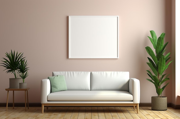 Moldura de foto branca vazia montada em fundo de parede pastel na sala de estar com sofá