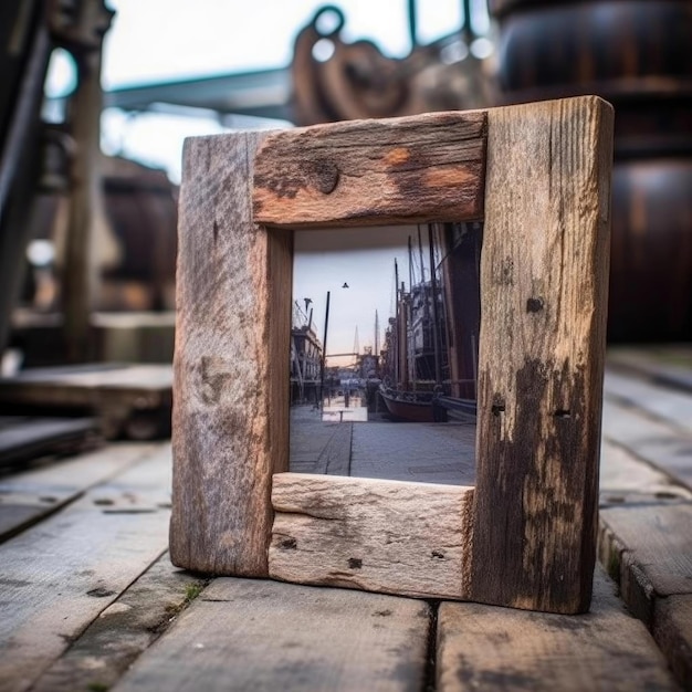 Moldura de foto de madeira velha no fundo do porto marítimo e dos navios