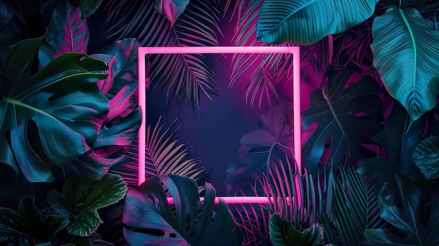 Moldura de fotos neon moderna e brilhante com espaço para texto no plano de fundo de peônias, ranúnculos e rosas de jardim com foco seletivo