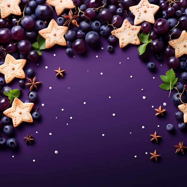 Moldura de geléia de uva com biscoitos estrela fundo roxo alguns gr moldura decoração beleza arte vista superior