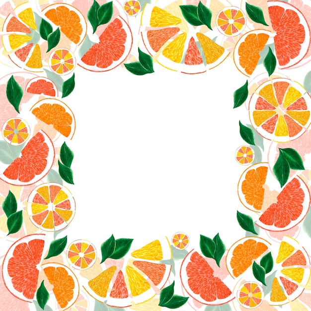 Moldura de laranja e limão de toranja aquarela desenhada à mão com folhas verdes isoladas no fundo branco Etiqueta de banner de cartão postal Scrapbook