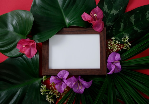 Moldura de madeira com espaço para texto ou imagens em fundo de licença tropical e flor
