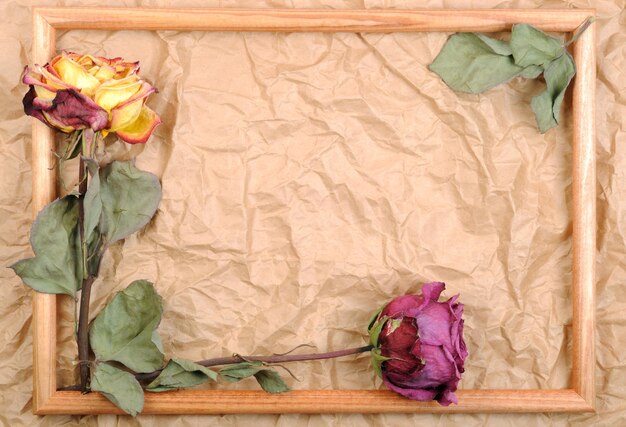 Moldura de madeira com rosas secas em papel velho desintegrado
