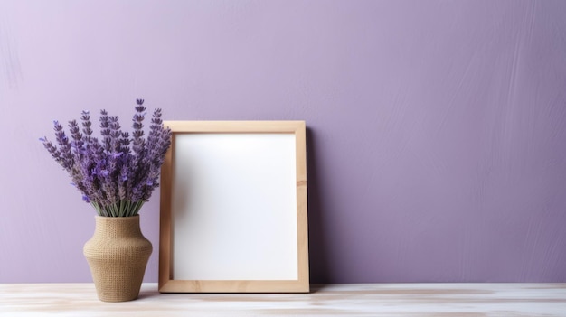 Moldura de madeira em branco com lavanda na parede cinza