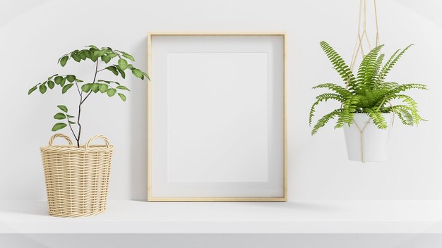 Moldura de madeira na prateleira simulada rodeada por plantas verdes. Renderização 3D