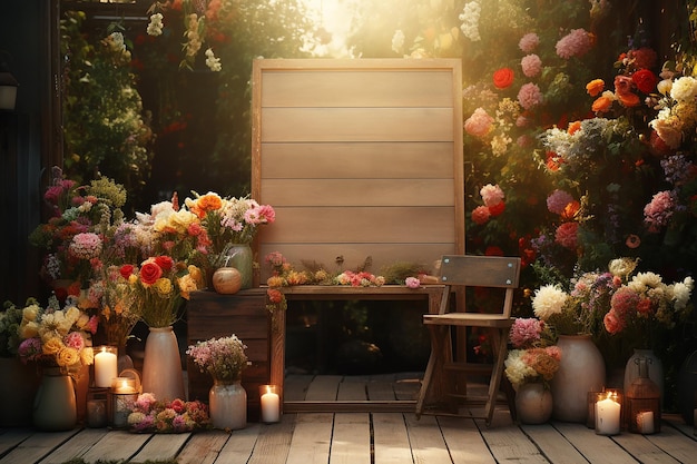Moldura de madeira vazia no jardim rodeado por flores coloridas em pote na manhã