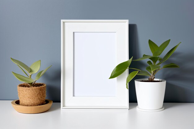 Moldura de maquete de moldura de foto branca sentada ao lado de um vaso de plantas