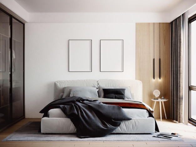 Moldura de maquete em design de quarto contemporâneo, decoração de casa alta, renderização 3d, ilustração 3d