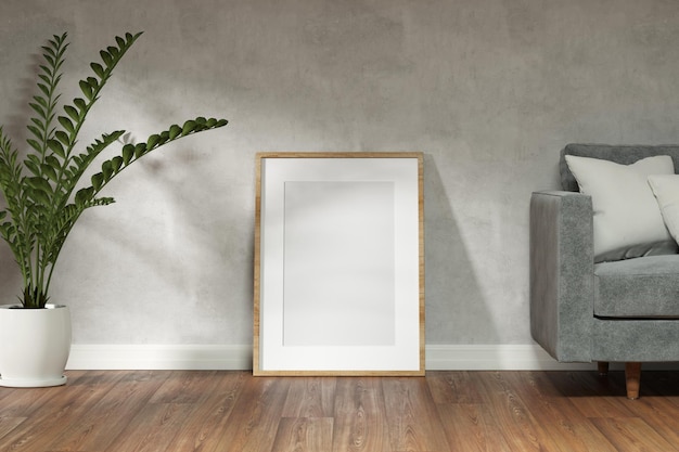 Moldura de maquete no quarto branco vazio com estilo minimalista moderno de planta e piso de madeira