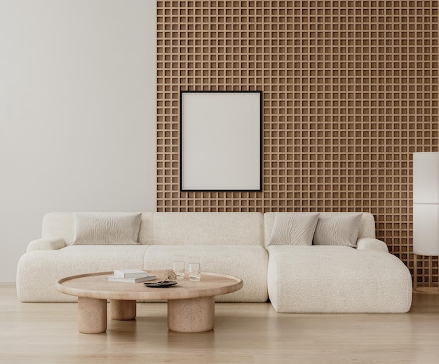 Foto moldura de moldura em interior de sala de estar moderna com painel de parede de madeira e sofá branco 3d render