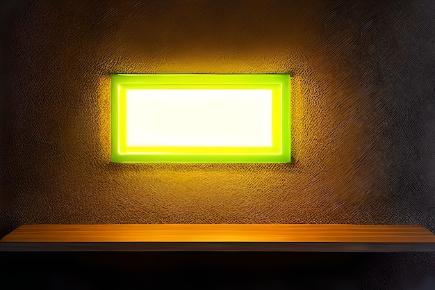 Moldura de néon retângulo amarelo brilhante no pano de fundo e no fundo da parede
