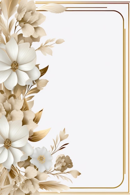 moldura de ouro com flores e folhas brancas em um fundo branco