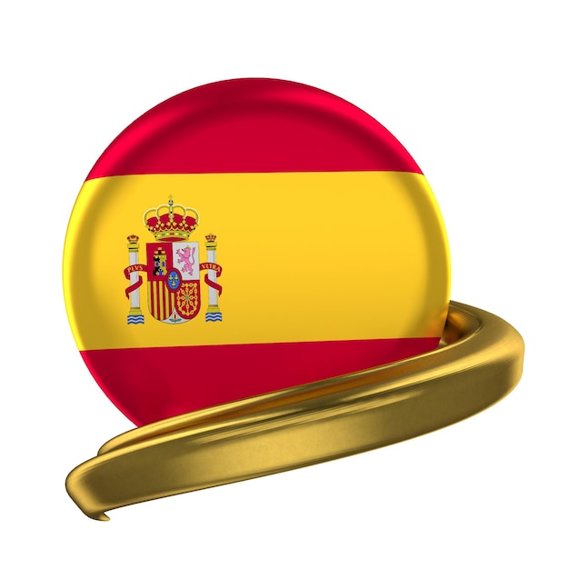 Moldura de ouro e bandeira da Espanha isolada em renderização 3d de fundo branco