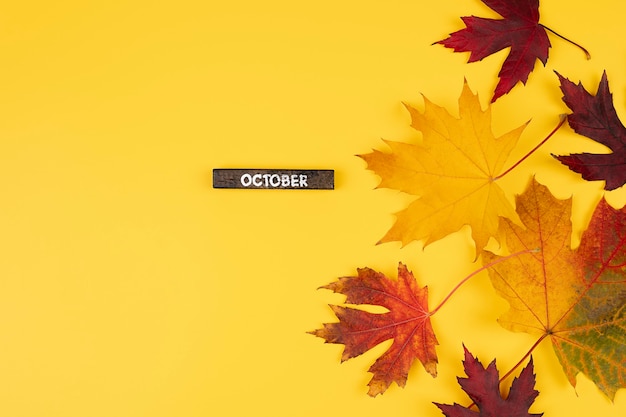 Moldura de outono feita de folhas e bolotas no calendário de madeira de fundo amarelo com mês de outubro