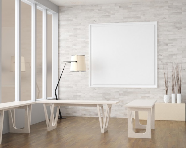 Moldura de pôster de maquete em estilo minimalista. interior com móveis modernos. Design de interiores minimalista. design de moldura de sala de estar. copie o fundo branco do espaço. conceito moderno de casa branca. ilustração 3D.