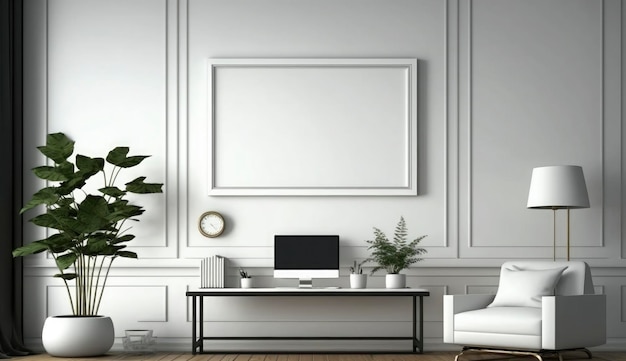 Moldura de pôster de maquete na parede da sala de estar Fundo de apartamento luxuoso com design contemporâneo Design de interiores moderno Renderização em 3D Ilustração em 3D Gerar Ai