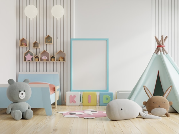 Moldura de pôster simulada em quarto infantil