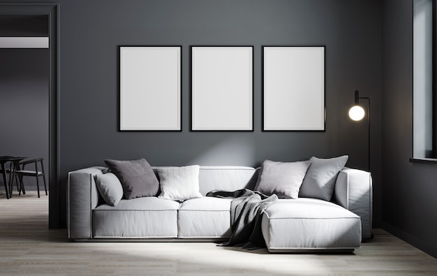 Moldura de pôster simulada em um fundo interior moderno, sala de estar, estilo minimalista, renderização 3D, ilustração 3D