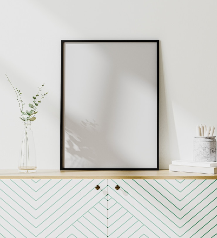 Foto moldura de pôster simulada em um interior moderno com parede branca, estilo escandinavo, renderização em 3d