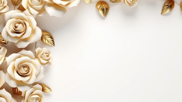 Foto moldura dourada 3d de rosas em um fundo branco com espaço de cópia para projetos criativos