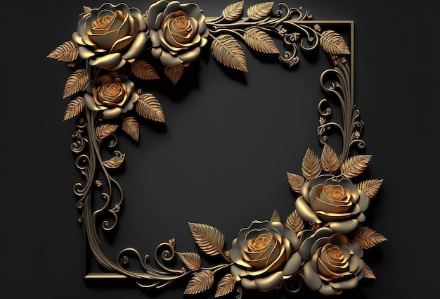 moldura dourada 3d de rosas em um fundo escuro com espaço de cópia para projetos criativos