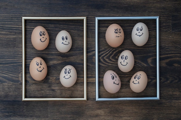 Moldura dourada de imagem e muitos ovos engraçados sorrindo no fundo da parede de madeira escura Ovos família emoção rosto retrato Conceito comida engraçada