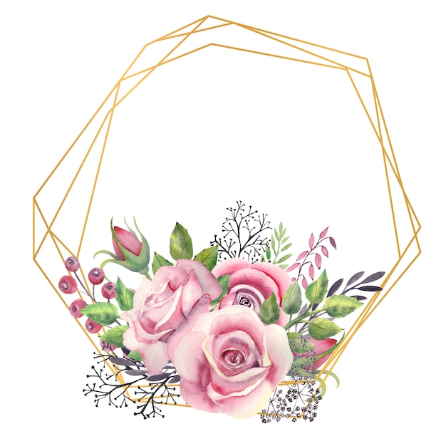 Moldura dourada geométrica com flores em aquarela