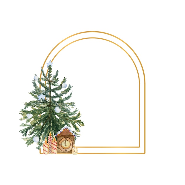 Moldura dourada geométrica com uma árvore de Natal em aquarela velas flores de azevinho e decoração de inverno