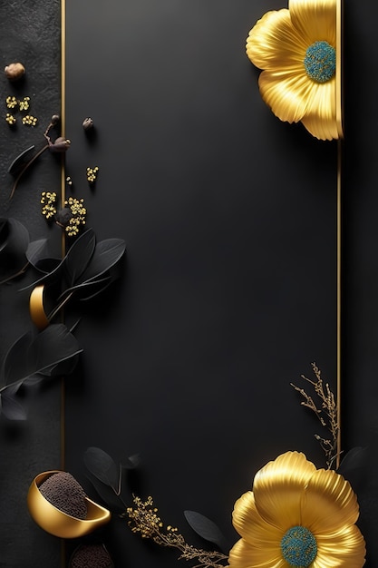 Moldura dourada sobre um fundo preto com flores douradas