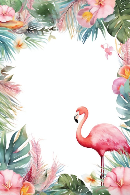 Moldura em aquarela com um flamingo e folhas tropicais.
