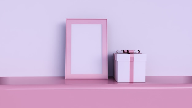 moldura em branco e formas geométricas em fundo rosa, caixa de presente rosa