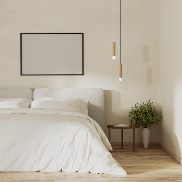 Moldura em branco simulada acima da cama na renderização 3d interior do quarto moderno