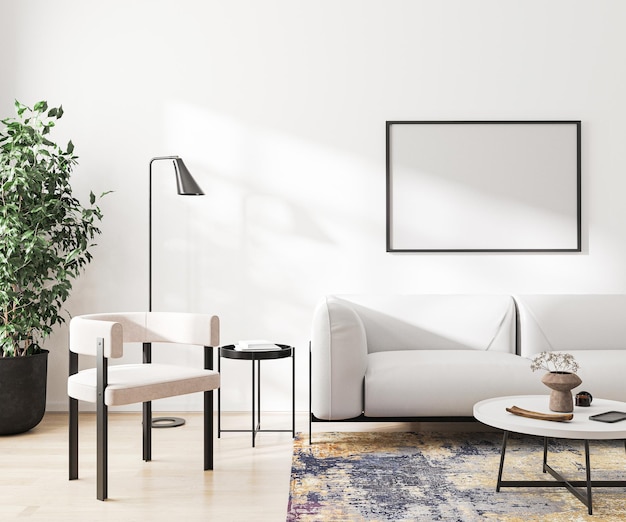 Moldura em branco simulada na renderização 3d interior da sala de estar moderna