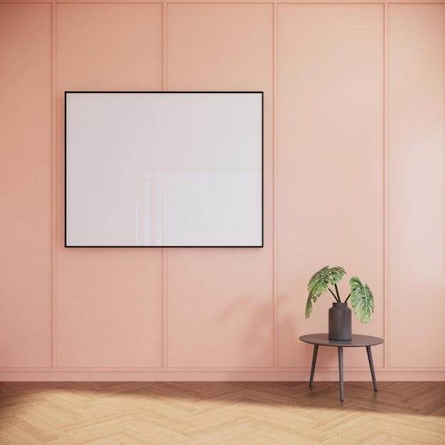 Moldura em branco simulada no interior moderno da sala de pêssego japandi, renderização em 3d