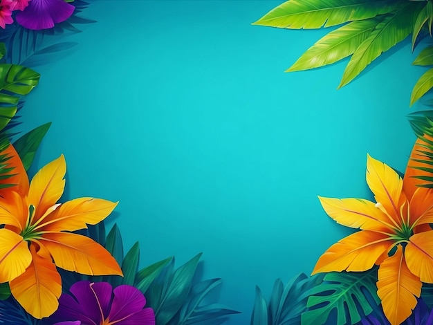Moldura feita de flores tropicais e folhas sobre fundo verde azul Espaço para design
