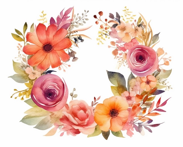 Moldura floral em aquarela Linda coroa de flores em forma de círculo elegante Generative Ai