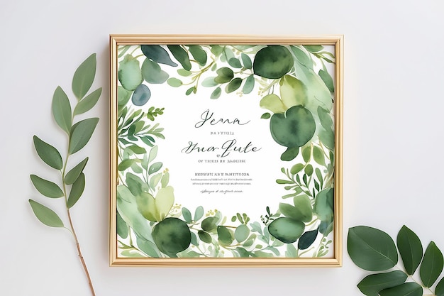 Moldura floral verde aquarela com folhas verdes de eucalipto em moldura dourada