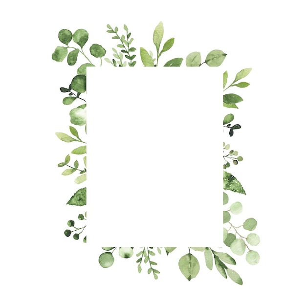 Moldura geométrica aquarela com folhas verdes ramo galho planta erva flora isolada