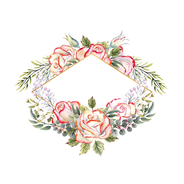 Moldura geométrica dourada com um buquê de rosas brancas com folhas, galhos decorativos e bagas em um fundo branco e isolado. ilustração em aquarela para logotipos, convites, cartões comemorativos, etc.