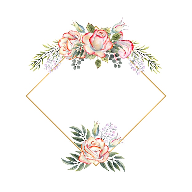 Moldura geométrica dourada com um buquê de rosas brancas com folhas, galhos decorativos e bagas em um fundo branco e isolado. Ilustração em aquarela para logotipos, convites, cartões comemorativos, etc.