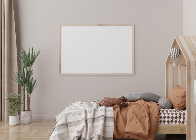 Moldura horizontal vazia na parede creme no quarto de criança moderno Mock up interior em estilo escandinavo Espaço de cópia grátis para o seu cartaz de imagem Brinquedos de cama Quarto aconchegante para crianças renderização em 3D