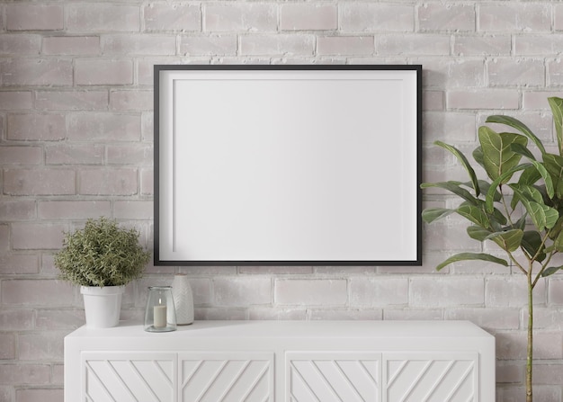Moldura horizontal vazia na parede de tijolo branco na sala de estar moderna Mock up interior em estilo contemporâneo minimalista Espaço livre para o seu cartaz de imagem Console vela planta renderização em 3D